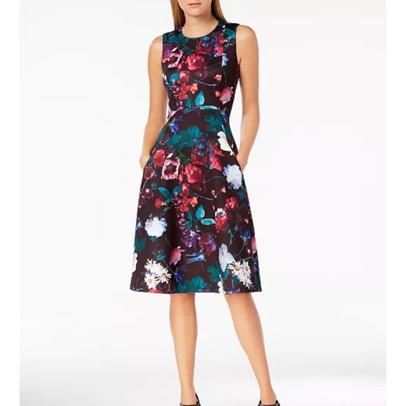 Calvin Klein Dresses & Skirts - Calvin Klein Black Floral Scuba Knit Dress